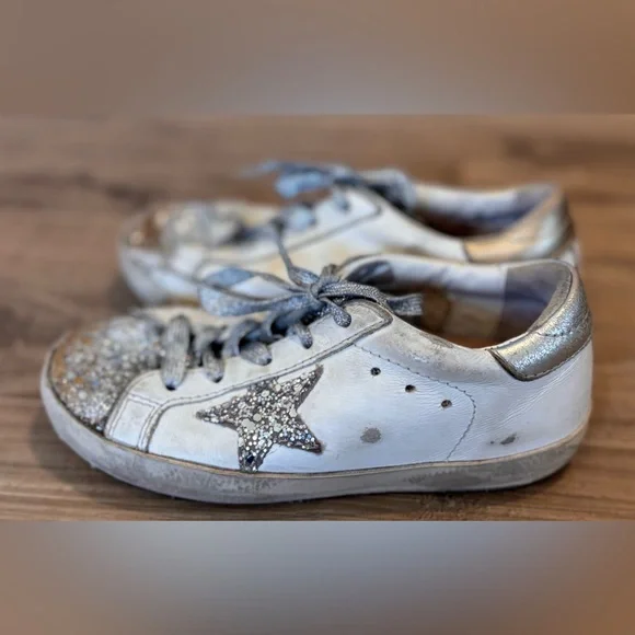 Golden Goose Superstar Glitter Sneakers – Silver/Gold Star | Size 10 | Girls - Picture 3 of 5
